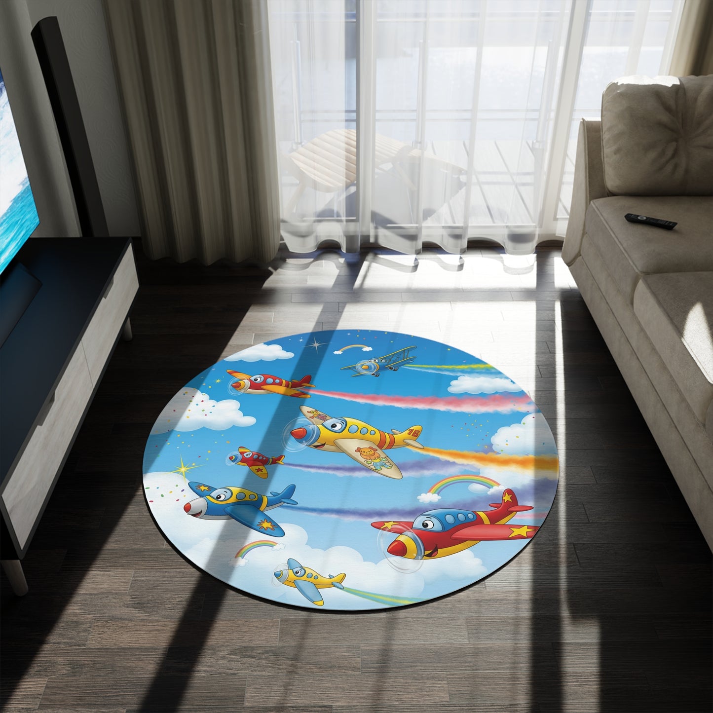 Colorful Airplane Round Rug for Kids