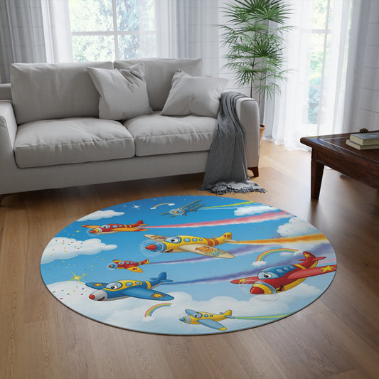 Colorful Airplane Round Rug for Kids