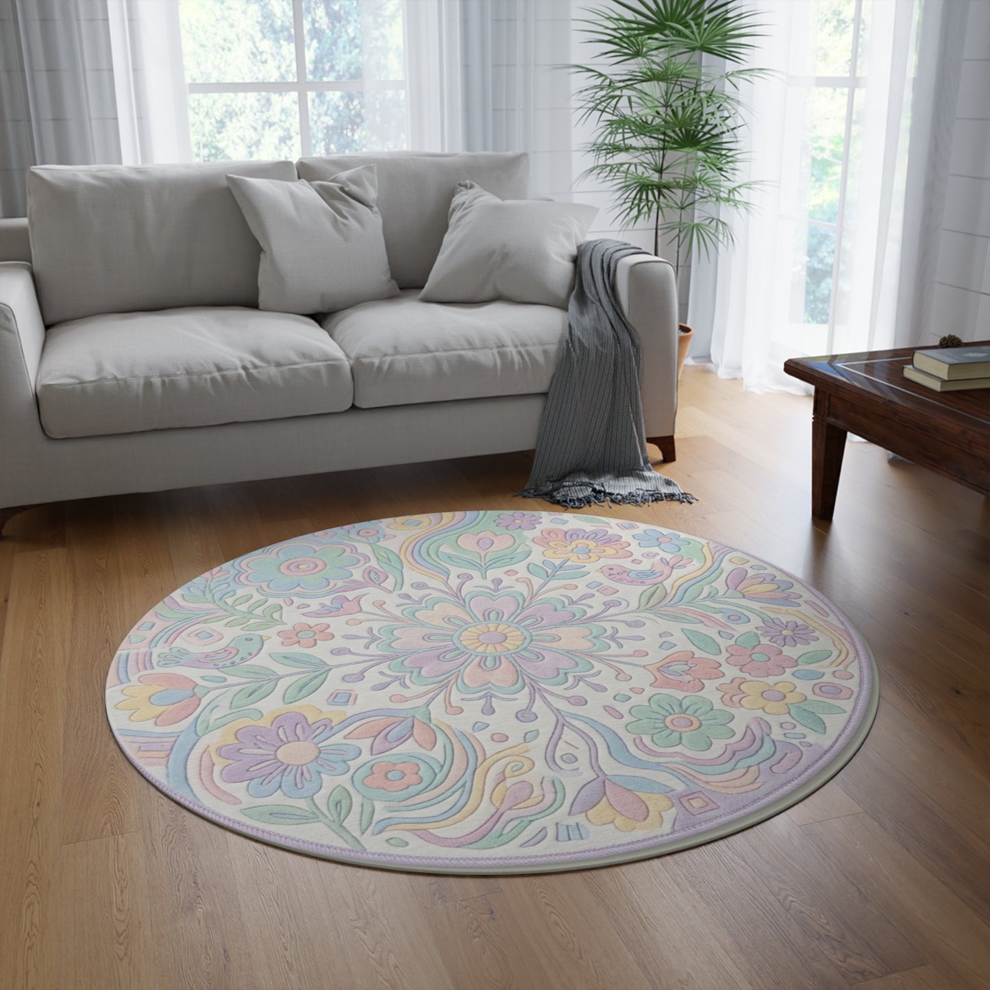 Pastel Floral Mandala Round Rug